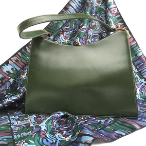 Vintage 50s 60s Classic Dark Olive Green Leather Bag Top Handle Bag with Gilt Clasp and Suede Lining-Vintage Handbag, Kelly Bag-Brand Spanking Vintage