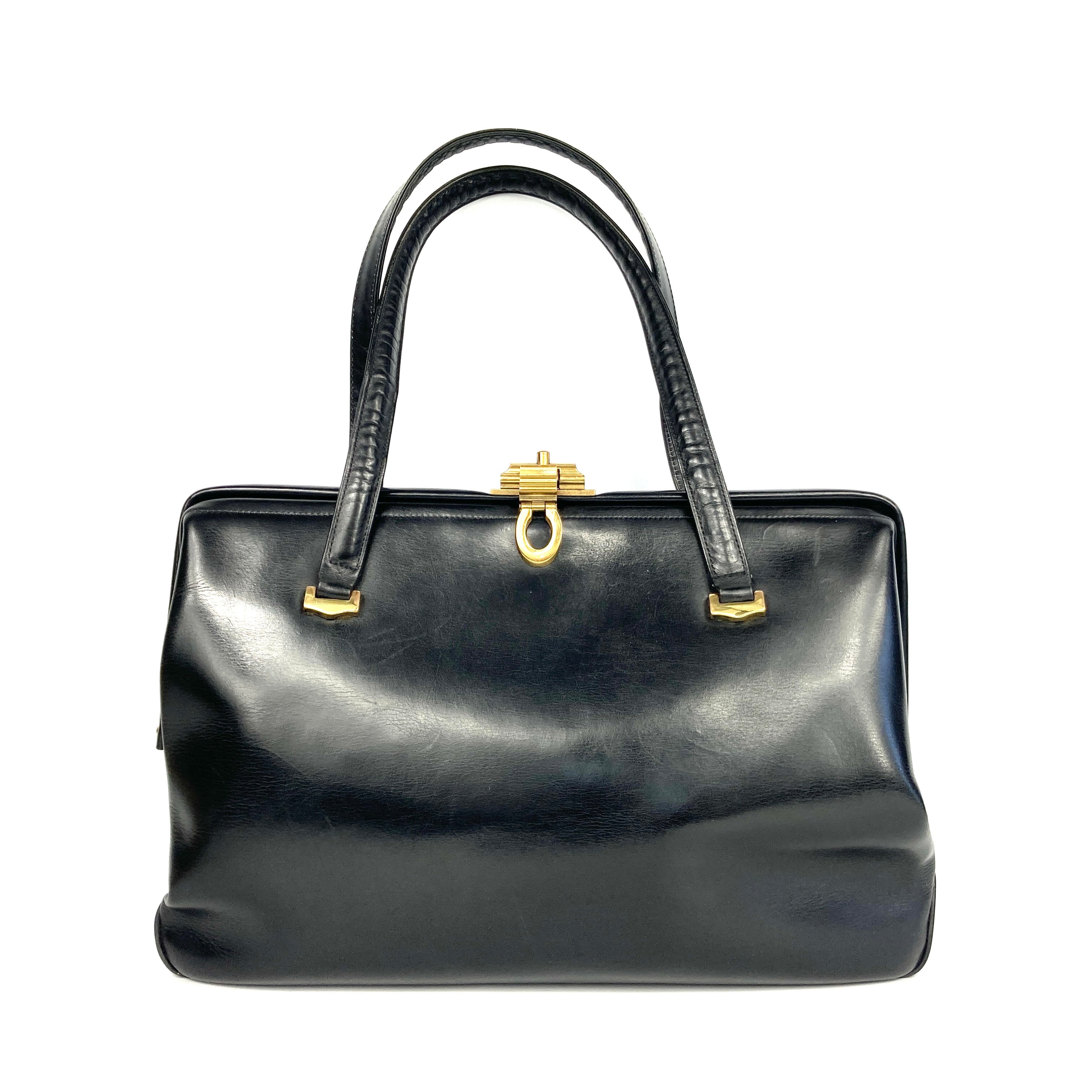 Vintage 50s/60s Large Black Leather Handbag/Overnight/Gladstone Bag 'The Voyager' by Fassbender Made In England