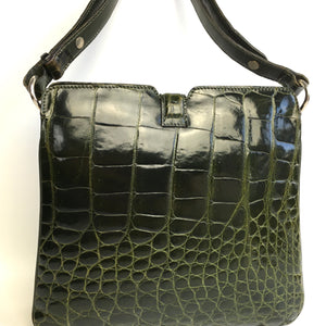 Vintage 60s 70s Fabulous Harrods Green Crocodile Skin Handbag/Shoulder Bag Made in France-Vintage Handbag, Exotic Skins-Brand Spanking Vintage
