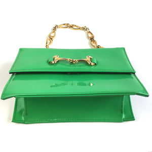 Vintage 80s Spring Green Patent Leather Dainty Chain Handle Clutch Bag with Horsebit Clasp by Jane Shilton-Vintage Handbag, Clutch Bag-Brand Spanking Vintage