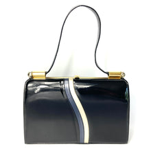 Load image into Gallery viewer, Vintage Classic Black/Blue /Silver/Oyster Patent Leather Bag Top Handle Bag Gilt Clasp-Vintage Handbag, Kelly Bag-Brand Spanking Vintage
