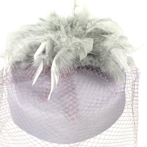 Vintage 50s 60s Pale Lilac Lavender Pill Box Hat w/ Veil / Grey Feathers-Accessories, For Her-Brand Spanking Vintage