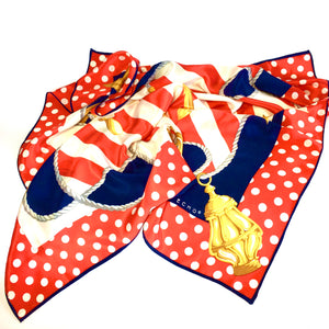 Vintage Echo Large Silk Scarf in Nautical Design with Polka Dot Border in Red/Blue/Gold-Scarves-Brand Spanking Vintage
