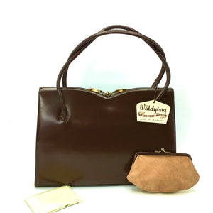 SOLD Vintage 50s/60s bag by Waldybag In Rich Dark Brown Calf Leather w/ Matching Suede Coin Purse And Mirror-Vintage Handbag, Kelly Bag-Brand Spanking Vintage