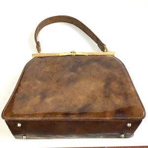 Vintage Handbag 50s In Rust/Copper/Brown Mottled Patent Leather with Matching Purse From Lodix-Vintage Handbag, Kelly Bag-Brand Spanking Vintage
