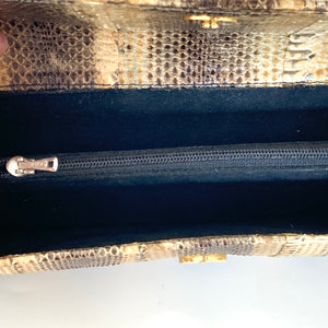 Vintage 70s/80s Snakeskin Small Clutch Bag In Browns/Gold w/ Black Lining-Vintage Handbag, Clutch Bag-Brand Spanking Vintage