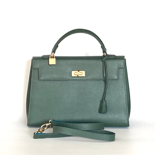 Vintage Large Hand Made Green Leather Handbag/Work/Overnight Tote Bag 'Beatrice' w/Shoulder Strap by Pelletteria Artigiana Made in Italy-Vintage Handbag, Large Handbag-Brand Spanking Vintage