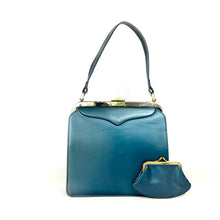 Load image into Gallery viewer, Vintage 50s Beautiful Teal Blue Green Pearlescent Bag with Matching Purse by Lodix-Vintage Handbag, Kelly Bag-Brand Spanking Vintage
