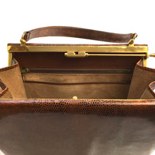 Load image into Gallery viewer, Vintage 50s Beautiful Golden Tan Monitor Lizard Skin Handbag, Top Handle Bag with Rare Side Opening Gilt Clasp-Vintage Handbag, Exotic Skins-Brand Spanking Vintage
