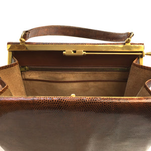 Vintage 50s Beautiful Golden Tan Monitor Lizard Skin Handbag, Top Handle Bag with Rare Side Opening Gilt Clasp-Vintage Handbag, Exotic Skins-Brand Spanking Vintage