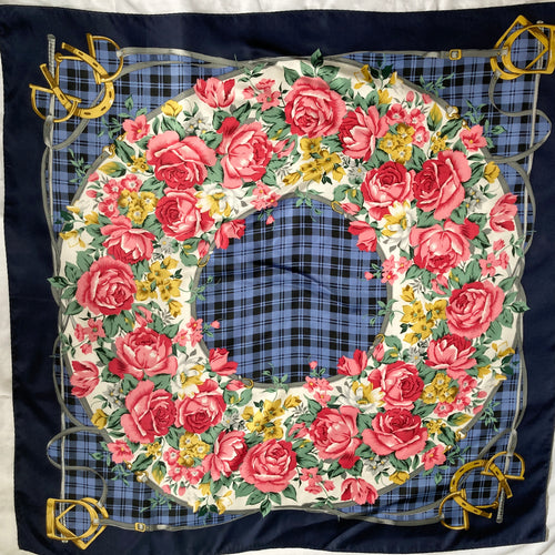 Large Vintage 70s/80s Silk Scarf in Rich Reds/Pinks in Floral/ Roses/Horseshoe Design on Navy/Blue Check Backgound-Scarves-Brand Spanking Vintage