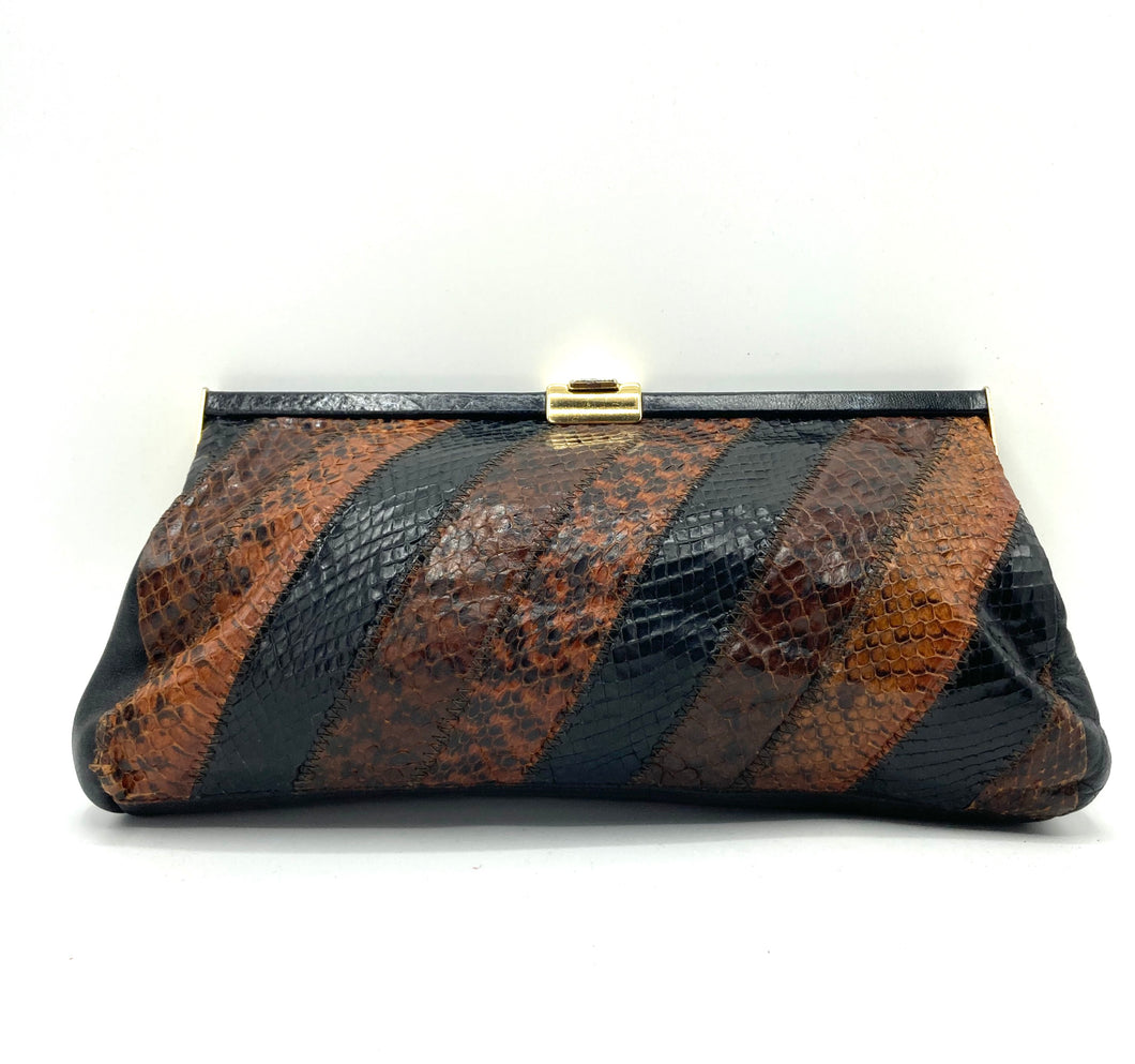 Vintage 70s Snakeskin Clutch Bag In Browns w/ Black Leather By Jane Sh –  Brand Spanking Vintage