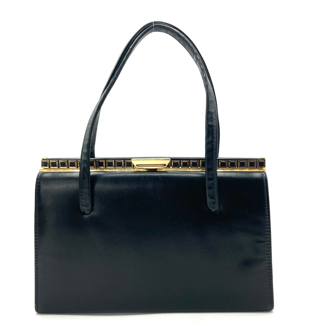 Vintage Black Leather Glamorous Classic Ladylike Handbag w/ Intricate Gilt Square Detail And Elegant Clasp-Vintage Handbag, Kelly Bag-Brand Spanking Vintage