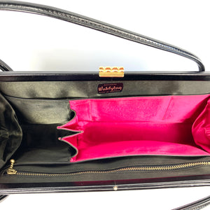 Vintage 60s/70s Black Patent Leather Classic Slim Ladylike Bag, Top Handle Bag,w/Cerise Silk Lining by Waldybag-Vintage Handbag, Kelly Bag-Brand Spanking Vintage