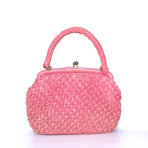 Vintage 60s Raffia Kisslock Clasp Handbag, Dolly Bag, Rare Pink by James Florsheim-Vintage Handbag, Dolly Bag-Brand Spanking Vintage
