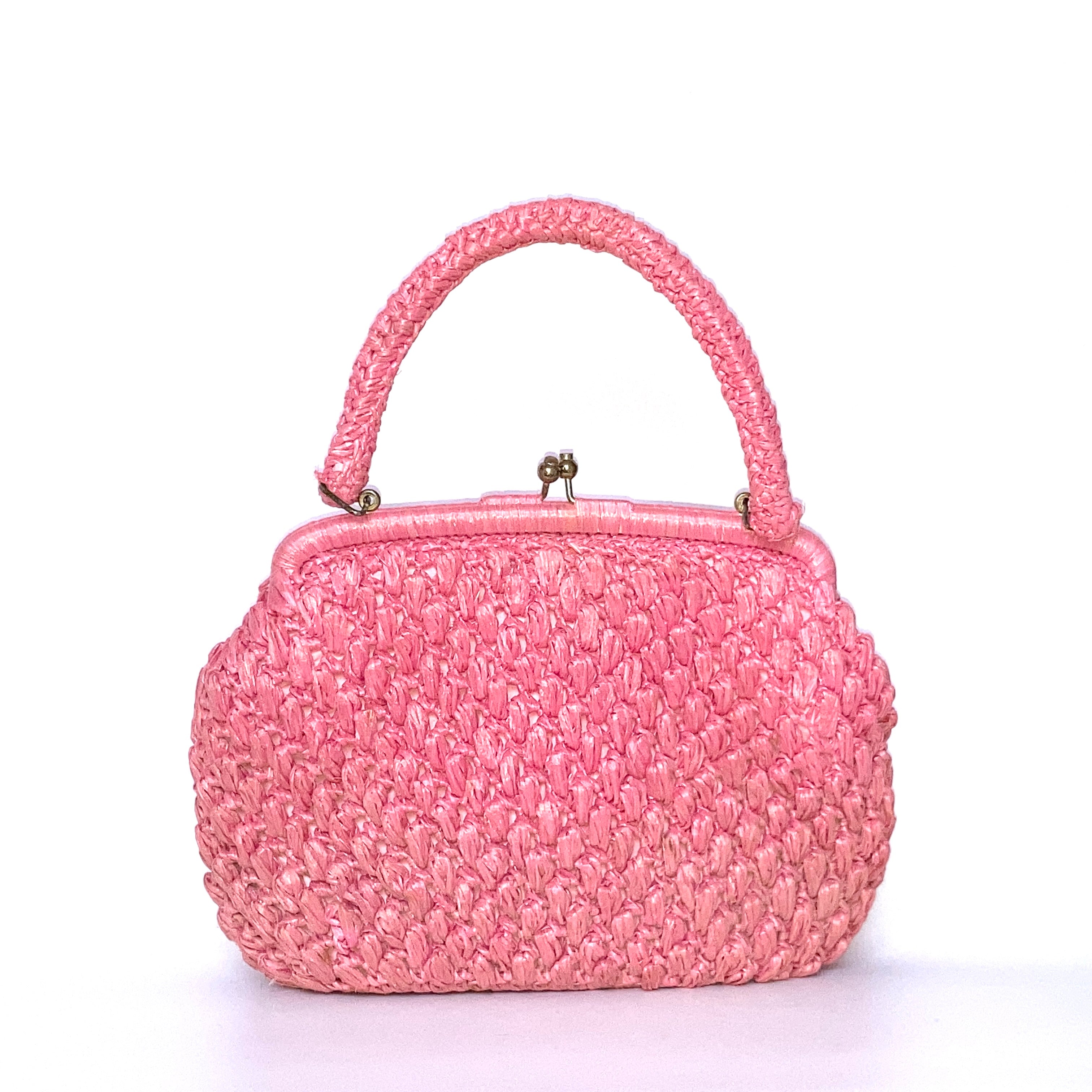 Vintage 60s Raffia Kisslock Clasp Handbag Dolly Bag Rare Pink by