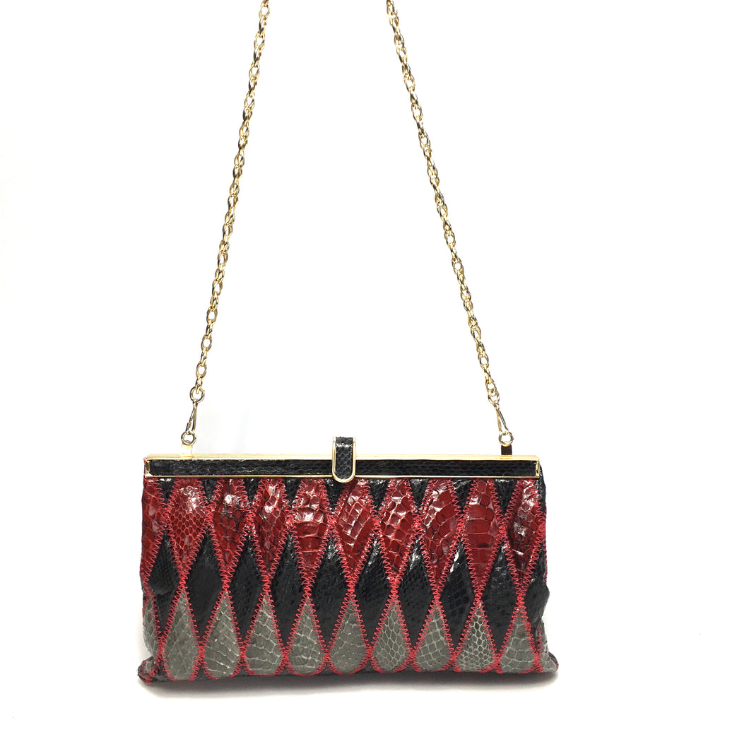 Vintage Harlequin Snakeskin Clutch Chain Bag by Jane Shilton in Red, Grey, Black Made in England-Vintage Handbag, Exotic Skins-Brand Spanking Vintage