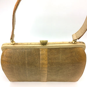 Vintage Handbag In Pale Gold/Cream/Brown/Grey Monitor Lizard Skin In Classic Design From Mappin & Webb-Vintage Handbag, Exotic Skins-Brand Spanking Vintage