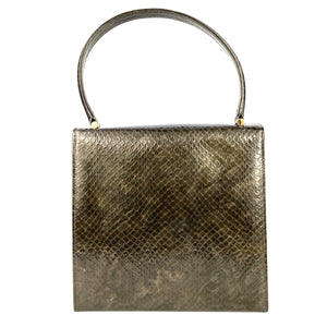 Vintage 60s/70s Rayne Bronze/Green Jackie O style Handbag In Mock Snakeskin Patent Leather Made in England-Vintage Handbag, Kelly Bag-Brand Spanking Vintage