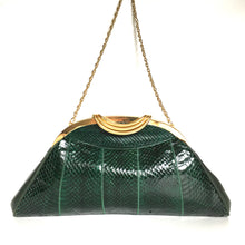 Load image into Gallery viewer, Vintage 70s/80s Large Emerald Green Snakeskin Gilt Clasp Clutch Bag w/ Fold Out Gilt Chain by Melluso, Made in Italy-Vintage Handbag, Exotic Skins-Brand Spanking Vintage
