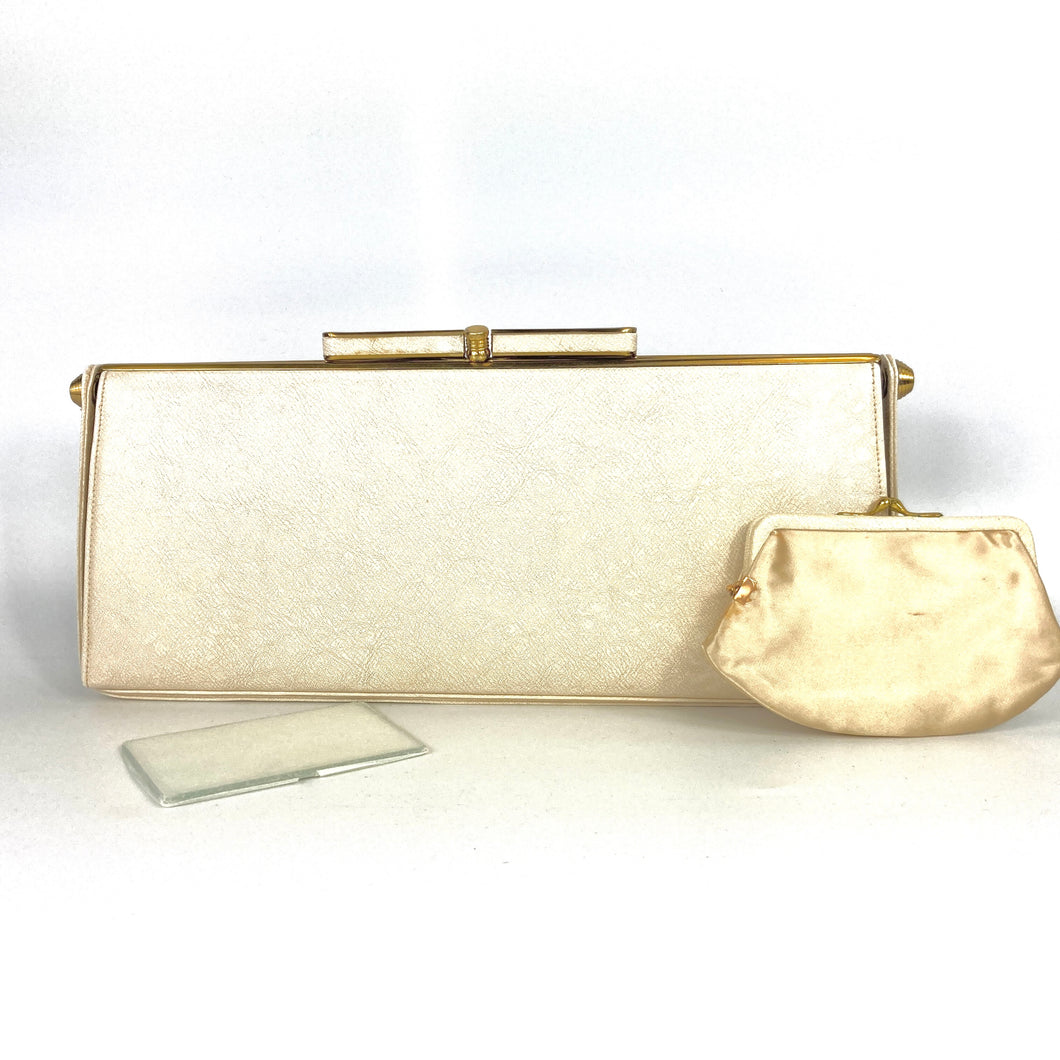 RESERVED Vintage Elegant 40s/50s Cream Luxan Hide Clutch Waldybag Occasion/Evening Bag With Bow Clasp and Silk Purse-Vintage Handbag, Clutch Bag-Brand Spanking Vintage
