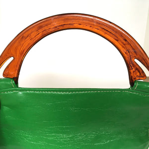 Vintage 60s/70s Vivid Apple Green Leather w/ Faux Tortoiseshell Lucite Handle Bag-Vintage Handbag, Dolly Bag-Brand Spanking Vintage