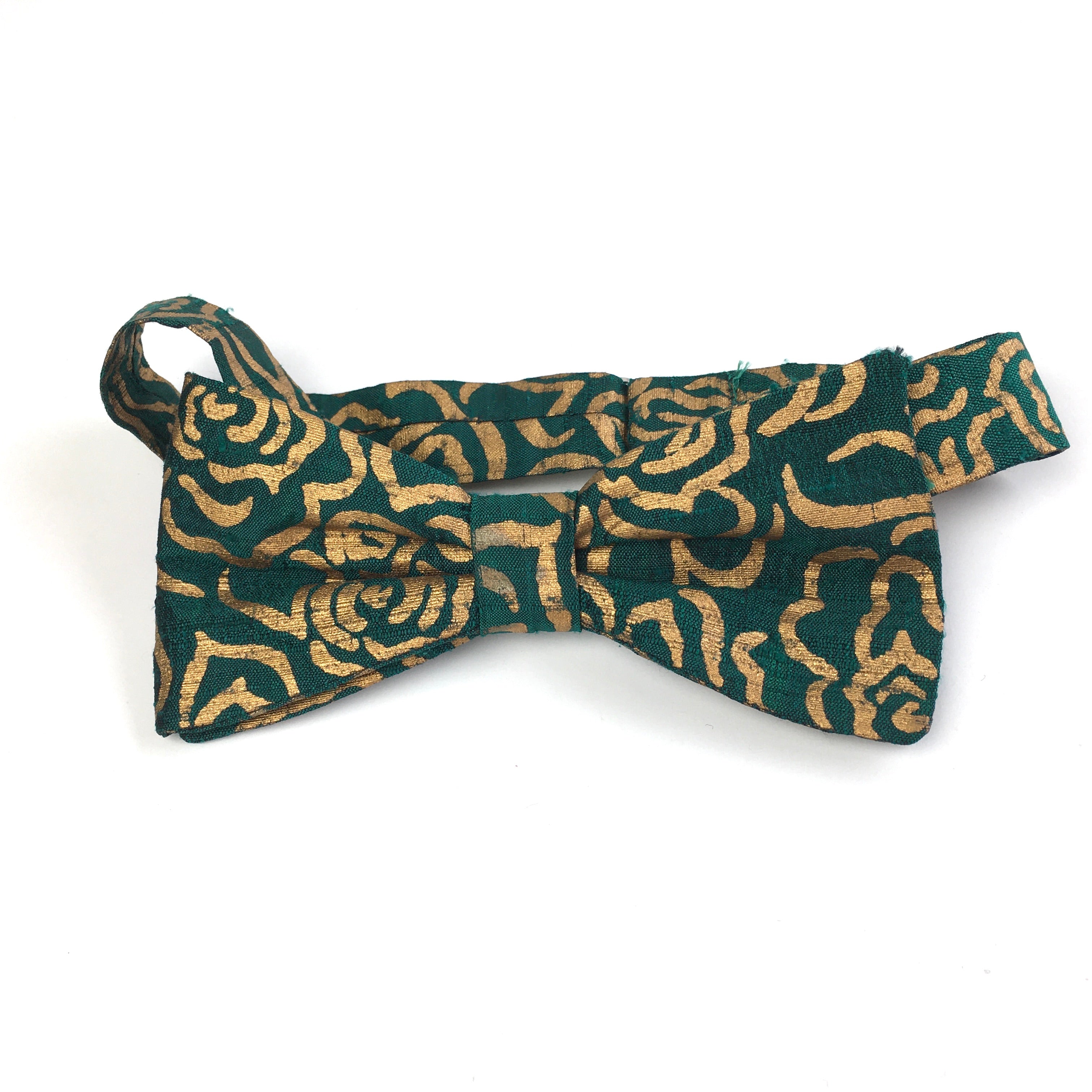 SOLD Silk Handmade in UK Ready Tied Bow Tie in Forest Green and Gold Slub Silk