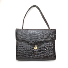 Load image into Gallery viewer, Vintage 50s 60s Exquisite Deep Chocolate Brown Porosus Crocodile Skin Jackie O Style Handbag With Intricate Gilt Clasp And Fitted Purse-Vintage Handbag, Exotic Skins-Brand Spanking Vintage
