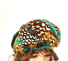 Load image into Gallery viewer, Vintage 50s Feather Pill Box Occasion Hat in Turquoise, Gold, Brown and Black-Accessories, For Her-Brand Spanking Vintage
