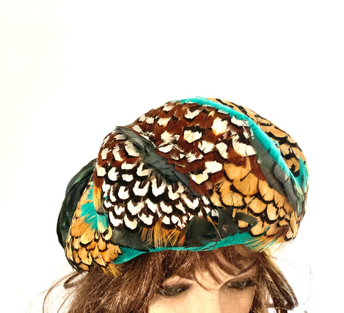Vintage 50s Feather Pill Box Occasion Hat in Turquoise, Gold, Brown and Black-Accessories, For Her-Brand Spanking Vintage