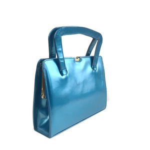 Vintage 50s 60s Stunning Kingfisher Blue/Green Pearlescent Leather Handbag by Meadows Regent Street London-Vintage Handbag, Kelly Bag-Brand Spanking Vintage