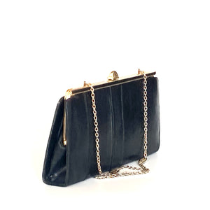 Vintage 70s/80s Clutch Bag In Black Lizard Skin w/ Optional Gilt Chain Made in England-Vintage Handbag, Clutch bags-Brand Spanking Vintage