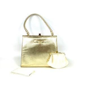 Vintage 60s70s Gold Leather Waldybag Evening/Occasion Bag With Bow Matching Silk Purse/ Orig Mirror-Vintage Handbag, Evening Bag-Brand Spanking Vintage
