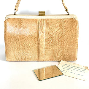 Vintage Mappin & Webb Cream Beige Lizard Skin Classic Ladylike Handbag, Top Handle Bag-Vintage Handbag, Exotic Skins-Brand Spanking Vintage