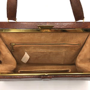 Vintage Marquessa 1950s Chocolate Lizard Skin Classic Ladylike Bag w/ Suede Lining-Vintage Handbag, Exotic Skins-Brand Spanking Vintage