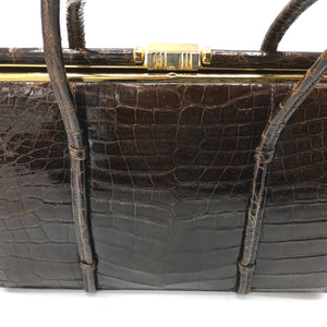 Vintage 50s Glossy Dark Chocolate Brown Mirror Finish Crocodile Skin Classic Ladylike Bag-Vintage Handbag, Exotic Skins-Brand Spanking Vintage