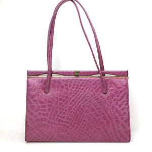 Vintage 60s Leather Faux Crocodile Fuschia Pink Classic Ladylike Bag, Top Handle Mrs Maisel Bag-Vintage Handbag, Kelly Bag-Brand Spanking Vintage