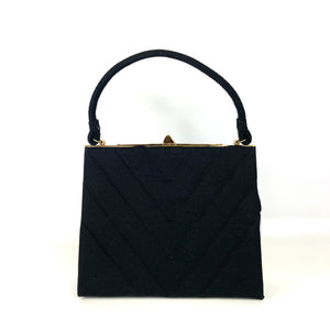 Vintage 50s Black Wool Handbag with Gilt Top Bar From Crown Lewis Made In The USA-Vintage Handbag, Kelly Bag-Brand Spanking Vintage