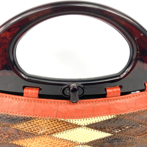 Vintage 70s Harlequin Snakeskin Burnt Orange/Rust Leather Handbag with Lucite Faux Tortoiseshell Handles by Harmony Made in England-Vintage Handbag, Exotic Skins-Brand Spanking Vintage
