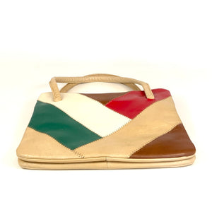 Vintage 60s/70s Tan/Red/Green/Cream/Brown Leather Patchwork Dolly Bag by Jane Shilton Made in England-Vintage Handbag, Dolly Bag-Brand Spanking Vintage