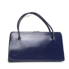 Load image into Gallery viewer, Vintage 50s Navy Blue Leather, Slim Wide Waldybag, Top Handle Bag with Bow/Leaf DetailMade In England-Vintage Handbag, Kelly Bag-Brand Spanking Vintage
