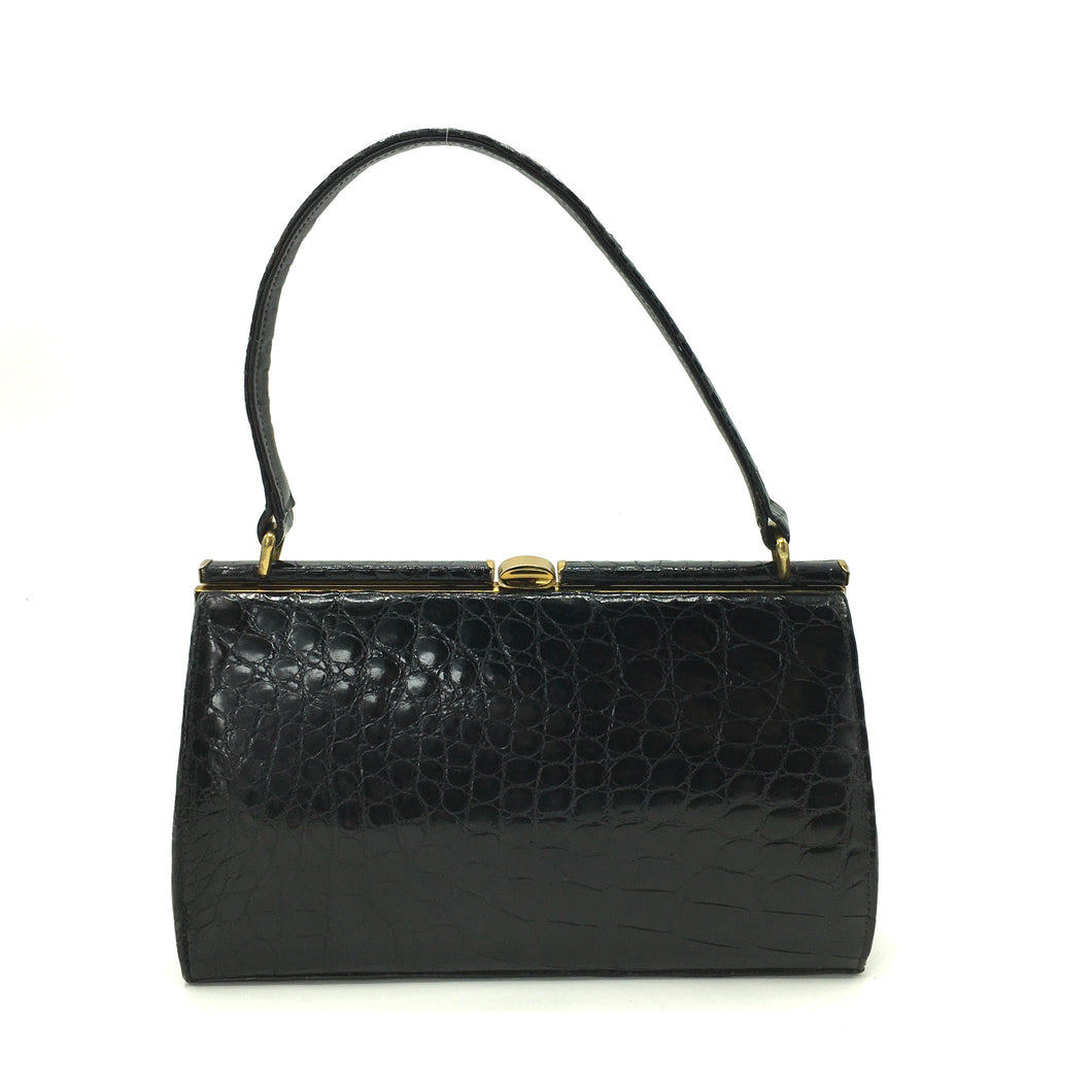 Gorgeous Vintage 50s/60s Black Crocodile Skin Classic Ladylike Bag By Mappin and Webb-Vintage Handbag, Exotic Skins-Brand Spanking Vintage