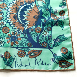 Vintage Collectable Silk Scarf By Richard Allan In Turquoise/Sea Green/Navy Blue And Tobacco Brown in Stylised Floral Design-Scarves-Brand Spanking Vintage