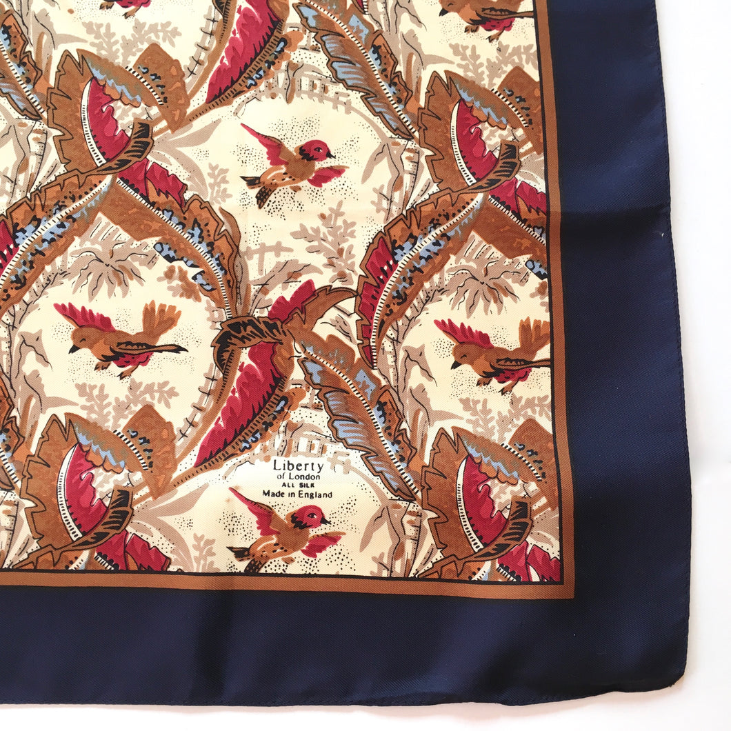 Liberty of London Silk Scarf in a Birds Design of Cream/Gold/Burgundy/Blue with Navy Border Made in England-Scarves-Brand Spanking Vintage
