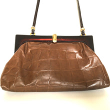 Load image into Gallery viewer, Vintage 70s/80s Caramel/ Dark tan Leather Faux Croc Clutch Bag w/ Fold Out Shoulder Strap, Made in Italy-Vintage Handbag, Clutch Bag-Brand Spanking Vintage
