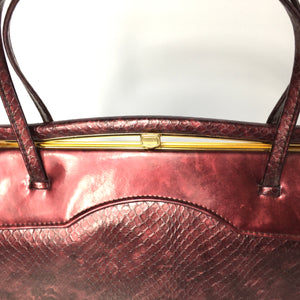 Vintage 60s/70s Patent Leather Faux Snakeskin Classic Ladylike Bag In Burgundy Red By Holmes of Norwich-Vintage Handbag, Kelly Bag-Brand Spanking Vintage