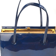 Load image into Gallery viewer, Reserved Vintage 60s Classic Twin Handle Bag in Rare Royal Blue Mottled Patent with Gilt Clasp and Suede Lining-Vintage Handbag, Kelly Bag-Brand Spanking Vintage
