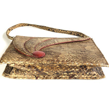 Load image into Gallery viewer, SOLD Vintage 30s 40s Snakeskin and Leather Handbag/Shoulder Bag with Feature Red Leather Button Clasp and Matching Purse/Mirror-Vintage Handbag, Exotic Skins-Brand Spanking Vintage
