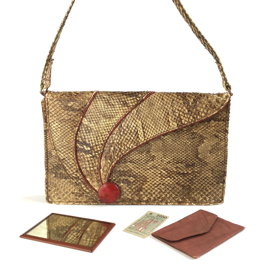SOLD Vintage 30s 40s Snakeskin and Leather Handbag/Shoulder Bag with Feature Red Leather Button Clasp and Matching Purse/Mirror-Vintage Handbag, Exotic Skins-Brand Spanking Vintage