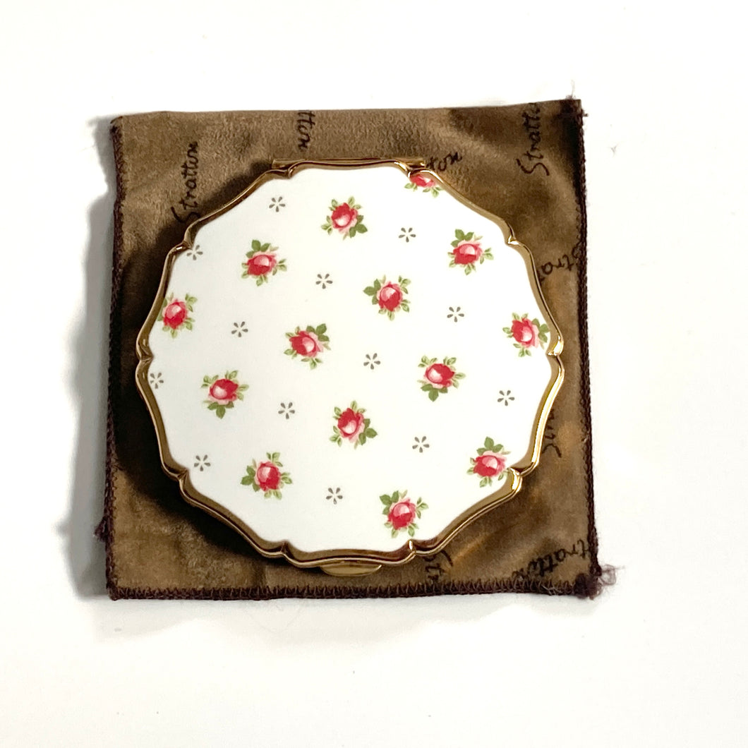 Exquisite Vintage Unused Powder Compact By Stratton in Rare Pink/Red Rosebud Design-Accessories, For Her-Brand Spanking Vintage